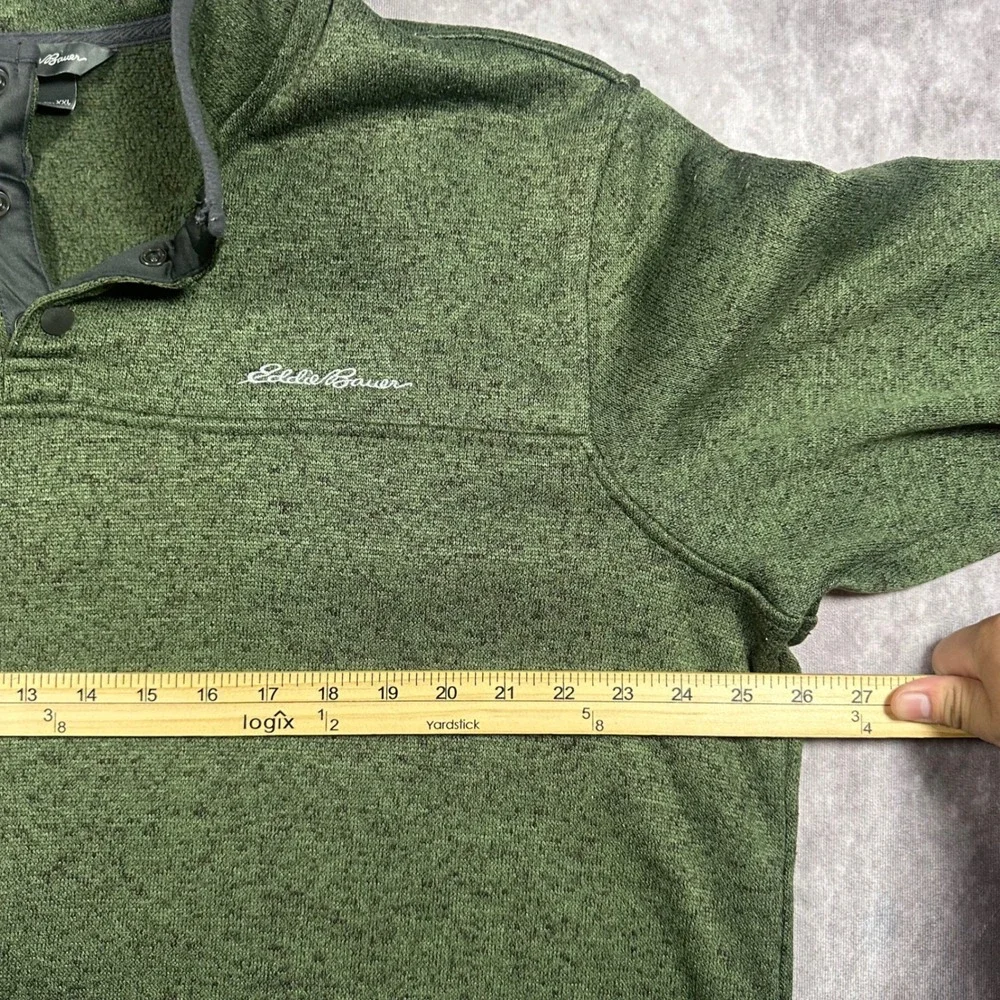 Eddie Bauer Men XXL Green Heathered Sweater Fleece Snap Mock Neck Pullover Cabin